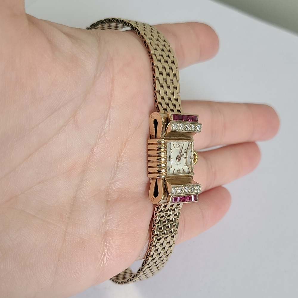 Antique 14K Yellow Gold Custom 17 Jewel Luxury Diamond Ruby Wind Up Manual Watch - Picture 12 of 16